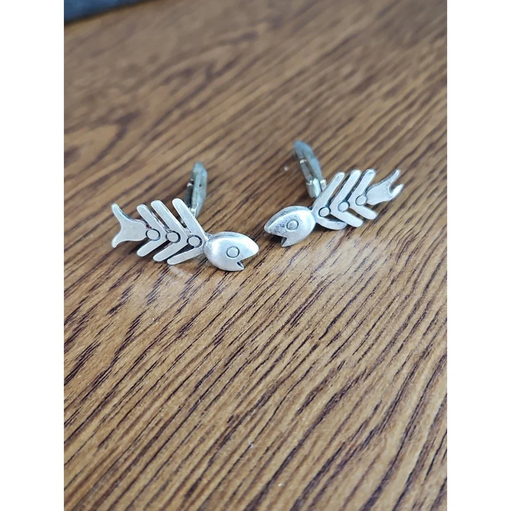 Vintage Sterling Silver FISH BONE Cufflinks Fishbone Skeleton Rockabilly Goth